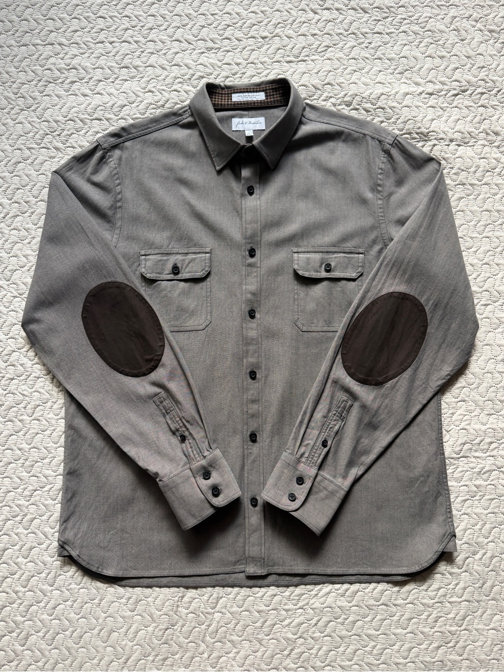 John W. Nordstrom Men’s Supima Cotton Gray Button Up Shirt Elbow Patches Large